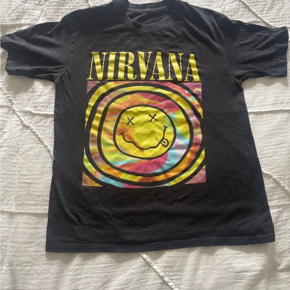 Women’s NIRVANA Black Tee with Vibrant Tie-Dye Design size XS